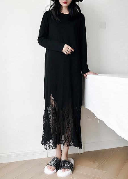 Italian Black Cotton Dress Hollow Out Maxi Summer Patchwork Dress