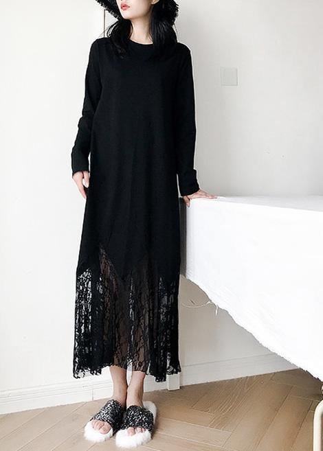 Italian Black Cotton Dress Hollow Out Maxi Summer Patchwork Dress