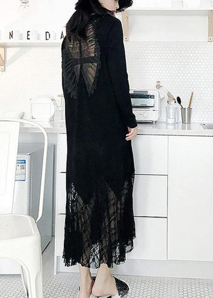 Italian Black Cotton Dress Hollow Out Maxi Summer Patchwork Dress