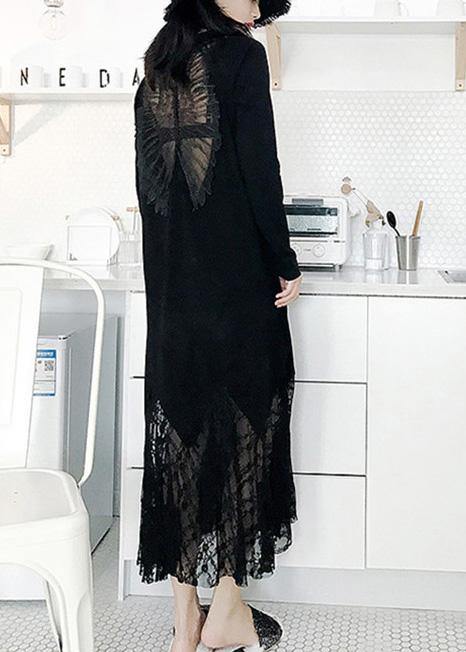 Italian Black Cotton Dress Hollow Out Maxi Summer Patchwork Dress