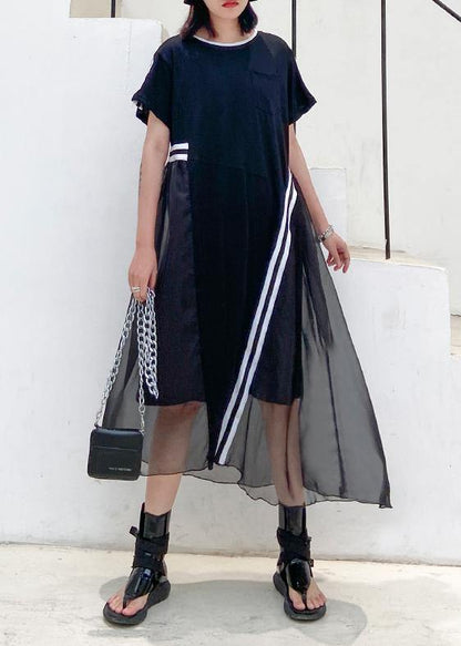 Italian Black Cotton Dress O Neck Patchwork Kaftan Dresses