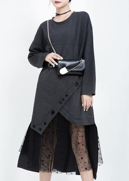 Italian Black Cotton Dresses Patchwork Tulle Long Fall Dress