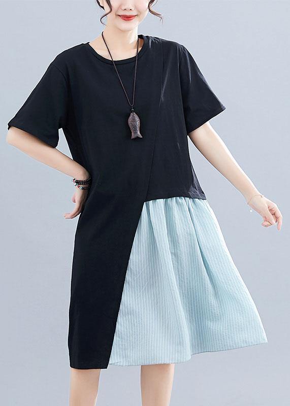 Italian Black Cotton Linen Clothes for Patchwork O Neck Baggy Summer Dresses