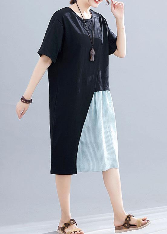Italian Black Cotton Linen Clothes for Patchwork O Neck Baggy Summer Dresses
