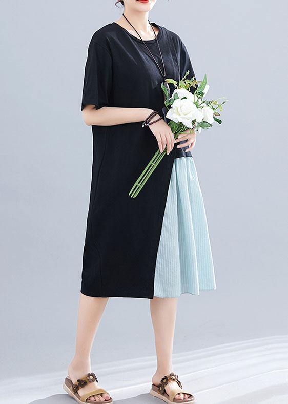 Italian Black Cotton Linen Clothes for Patchwork O Neck Baggy Summer Dresses