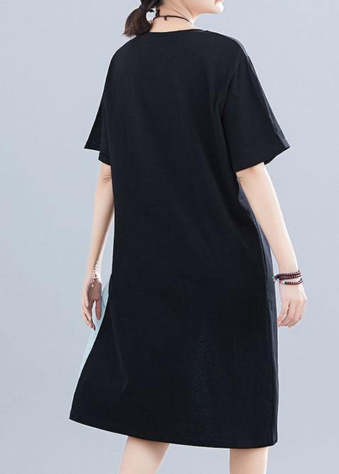 Italian Black Cotton Linen Clothes for Patchwork O Neck Baggy Summer Dresses