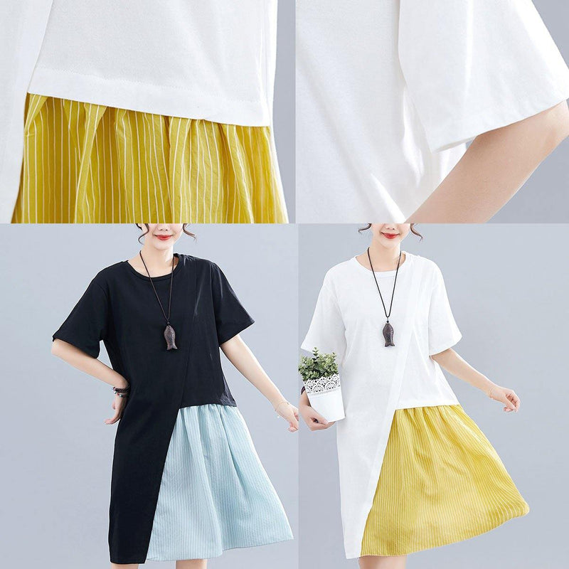 Italian Black Cotton Linen Clothes for Patchwork O Neck Baggy Summer Dresses