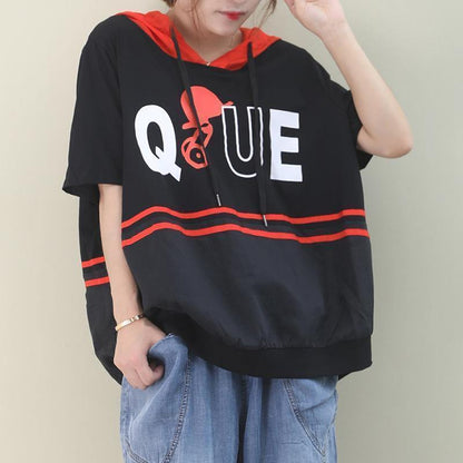Italian Black Cotton Shirts Hooded Half Sleeve Dresses Summer