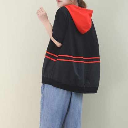 Italian Black Cotton Shirts Hooded Half Sleeve Dresses Summer