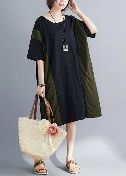 Italian Black Cotton Tunics for O Neck Patchwork Maxi Summer Dresses