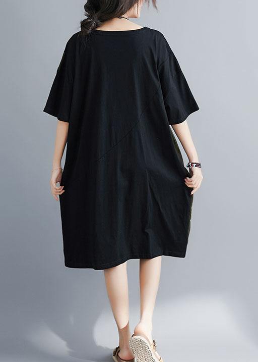 Italian Black Cotton Tunics for O Neck Patchwork Maxi Summer Dresses