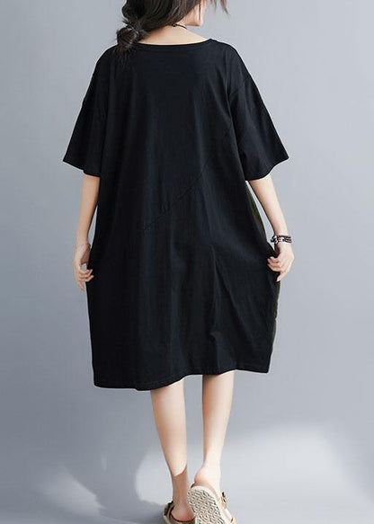 Italian Black Cotton Tunics for O Neck Patchwork Maxi Summer Dresses