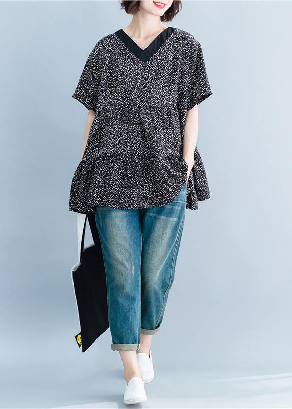 Italian Black Dotted Blouse V Neck Art Summer Shirt