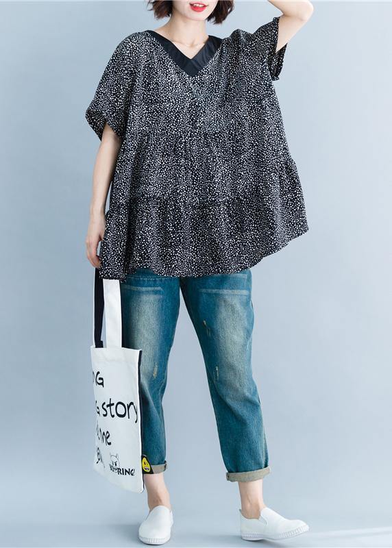 Italian Black Dotted Blouse V Neck Art Summer Shirt