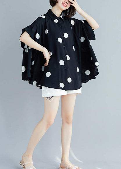 Italian Black Dotted Chiffon Tops Quality Sewing Lapel Art Summer Shirt