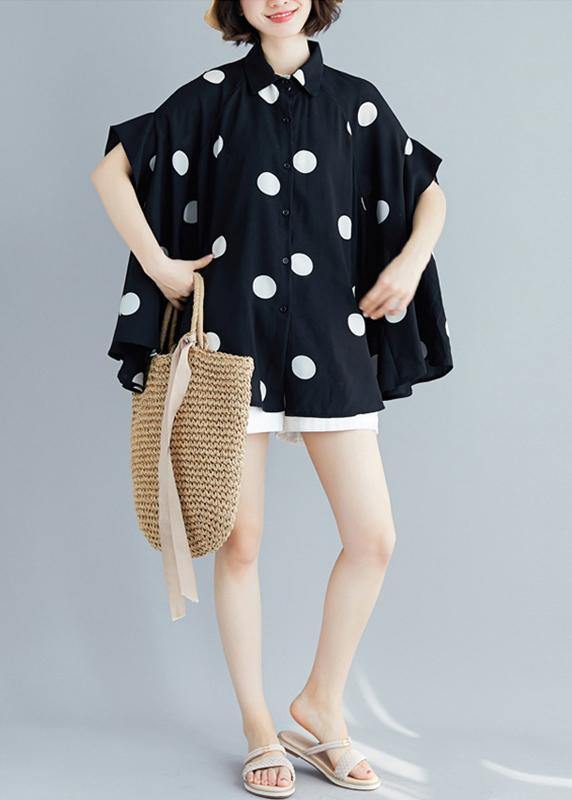 Italian Black Dotted Chiffon Tops Quality Sewing Lapel Art Summer Shirt