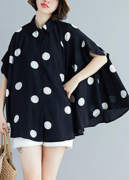 Italian Black Dotted Chiffon Tops Quality Sewing Lapel Art Summer Shirt