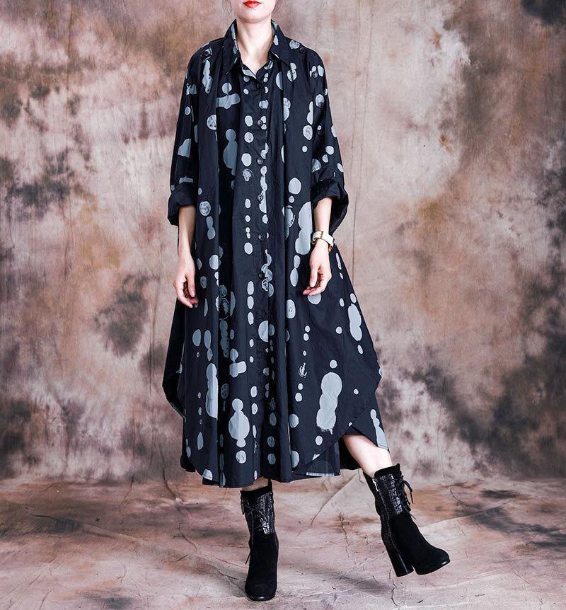 Italian Black Dotted Quilting Dresses Lapel Asymmetric Kaftan Fall Dresses