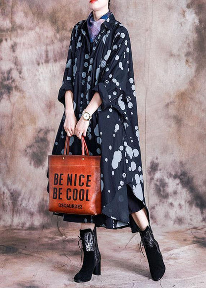 Italian Black Dotted Quilting Dresses Lapel Asymmetric Kaftan Fall Dresses