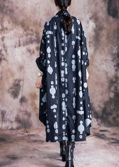 Italian Black Dotted Quilting Dresses Lapel Asymmetric Kaftan Fall Dresses