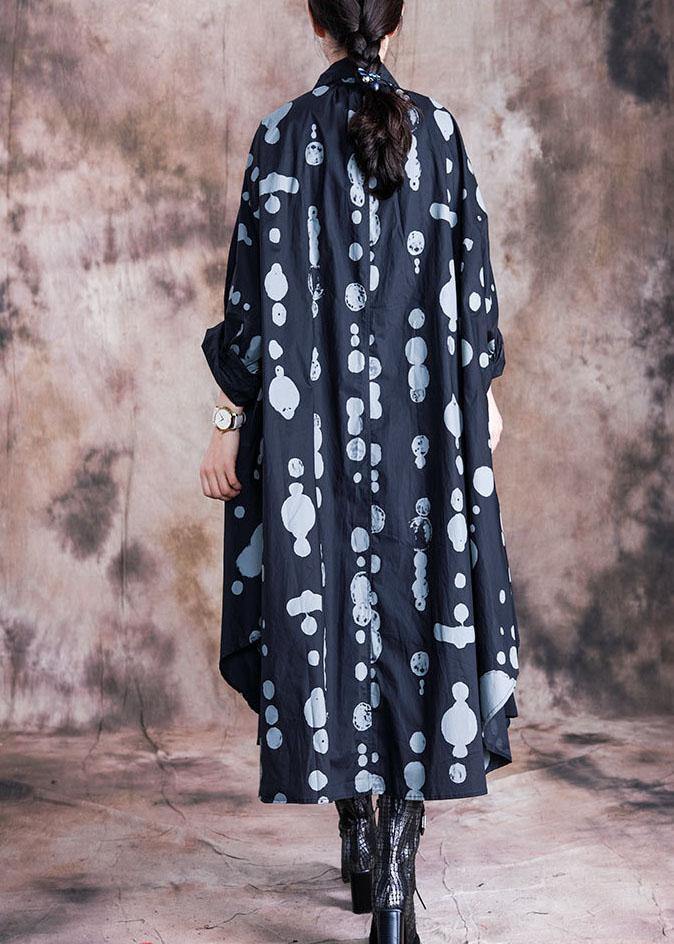 Italian Black Dotted Quilting Dresses Lapel Asymmetric Kaftan Fall Dresses