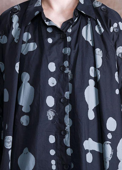 Italian Black Dotted Quilting Dresses Lapel Asymmetric Kaftan Fall Dresses
