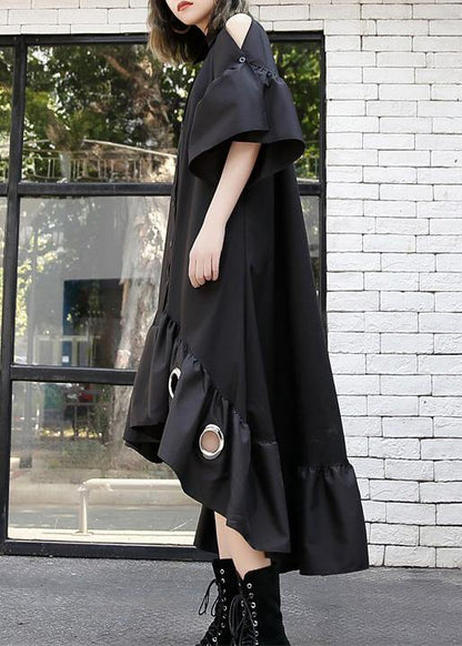 Italian Black Hollow Out Cotton Quilting Dresses Asymmetric Hem Traveling Summer Patchwork Dress