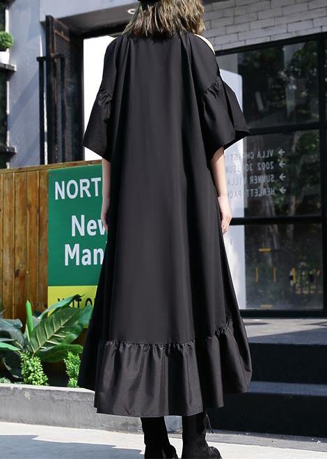 Italian Black Hollow Out Cotton Quilting Dresses Asymmetric Hem Traveling Summer Patchwork Dress