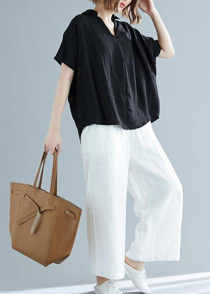 Italian Black Linen Cotton Blouse Pakistani Fabrics V Neck Button Down Knee Summer Blouses