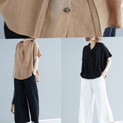 Italian Black Linen Cotton Blouse Pakistani Fabrics V Neck Button Down Knee Summer Blouses