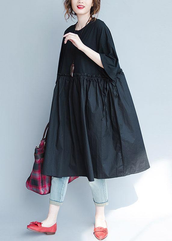 Italian Black Linen Quilting Dresses Ruffles Loose Summer Dress