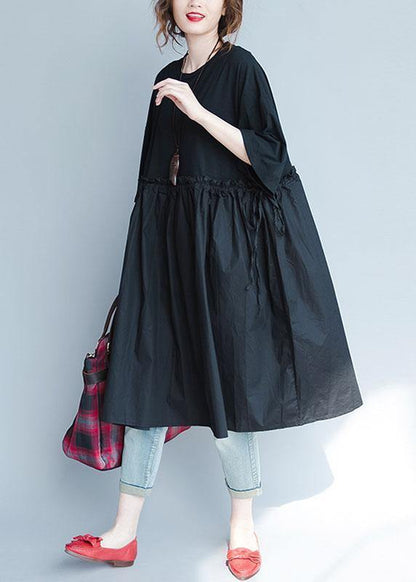 Italian Black Linen Quilting Dresses Ruffles Loose Summer Dress
