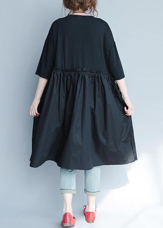 Italian Black Linen Quilting Dresses Ruffles Loose Summer Dress