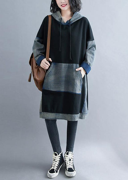 Italian Black Outfit Hooded Patchwork Fall Dresses