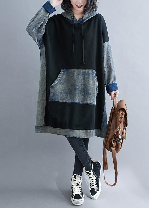 Italian Black Outfit Hooded Patchwork Fall Dresses