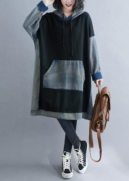 Italian Black Outfit Hooded Patchwork Fall Dresses