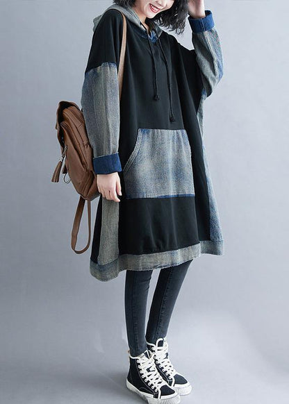 Italian Black Outfit Hooded Patchwork Fall Dresses