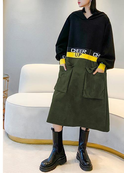 Italian Black Patchwork Long Shirts Hooded a Line Dress