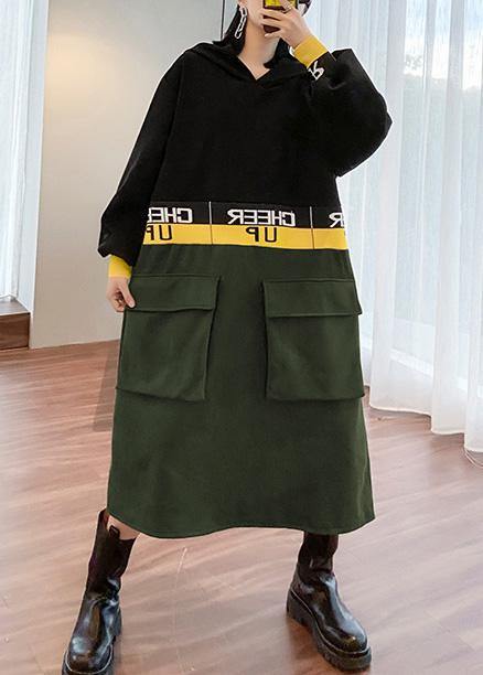 Italian Black Patchwork Long Shirts Hooded a Line Dress