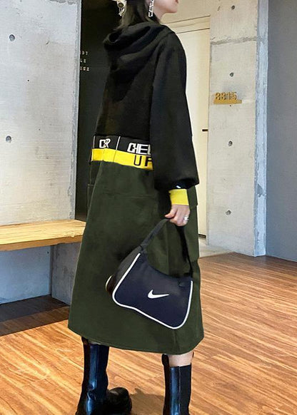 Italian Black Patchwork Long Shirts Hooded a Line Dress