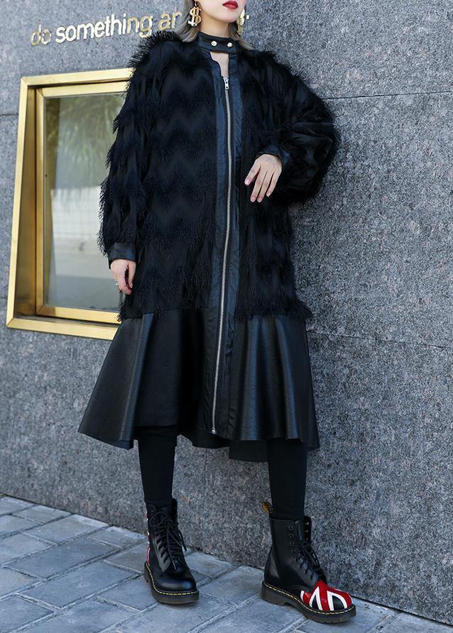 Italian Black Patchwork Pu Fine Coats Pattern Stand Collar Tassel Fall Coats