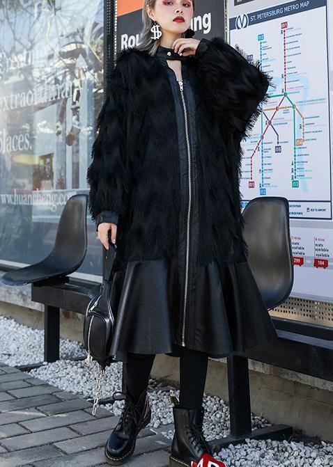Italian Black Patchwork Pu Fine Coats Pattern Stand Collar Tassel Fall Coats