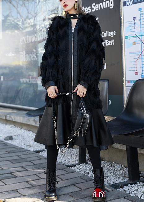 Italian Black Patchwork Pu Fine Coats Pattern Stand Collar Tassel Fall Coats