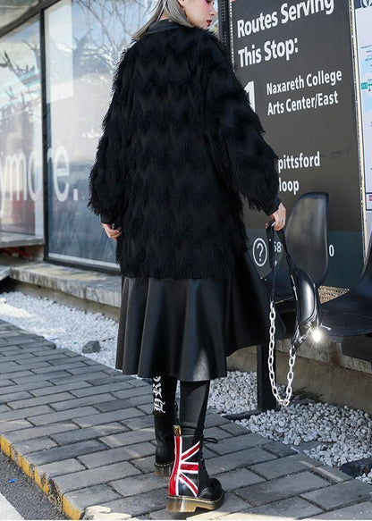 Italian Black Patchwork Pu Fine Coats Pattern Stand Collar Tassel Fall Coats