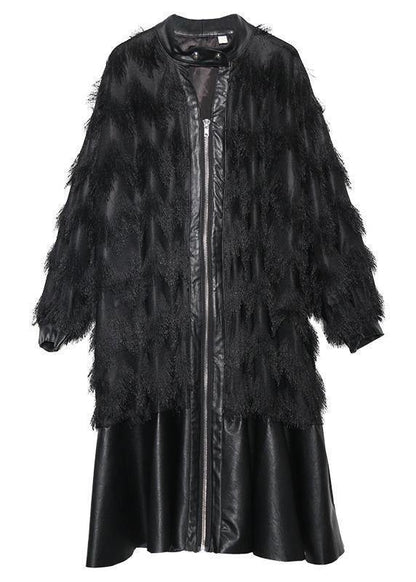 Italian Black Patchwork Pu Fine Coats Pattern Stand Collar Tassel Fall Coats