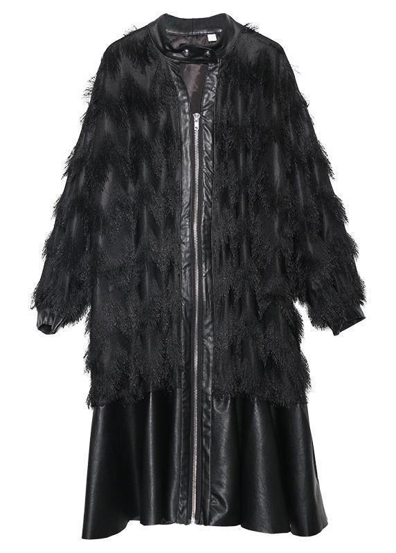 Italian Black Patchwork Pu Fine Coats Pattern Stand Collar Tassel Fall Coats
