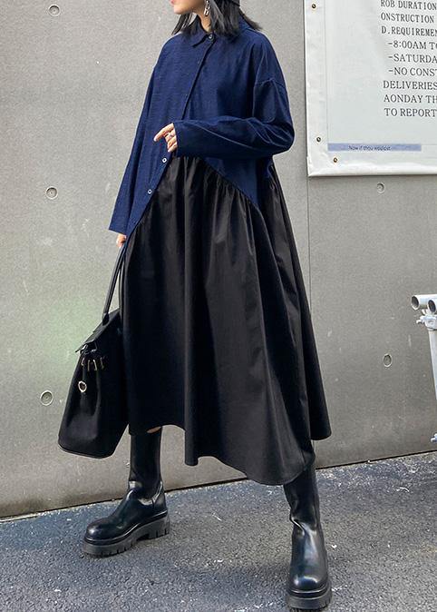Italian Black Patchwork Blue Dress Lapel Cinched Oversized Dress