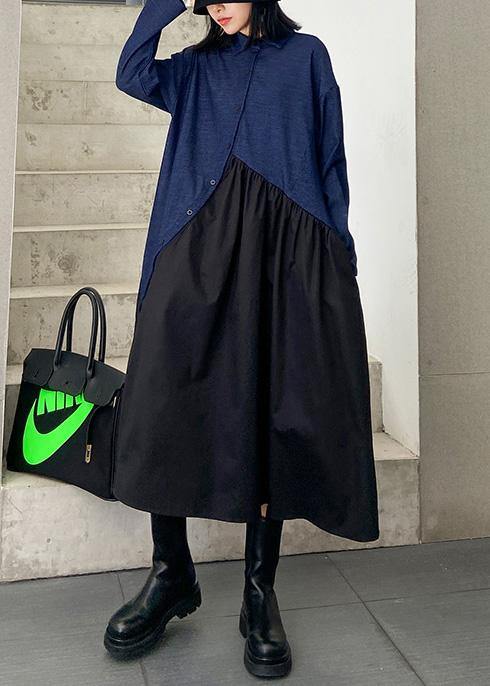 Italian Black Patchwork Blue Dress Lapel Cinched Oversized Dress