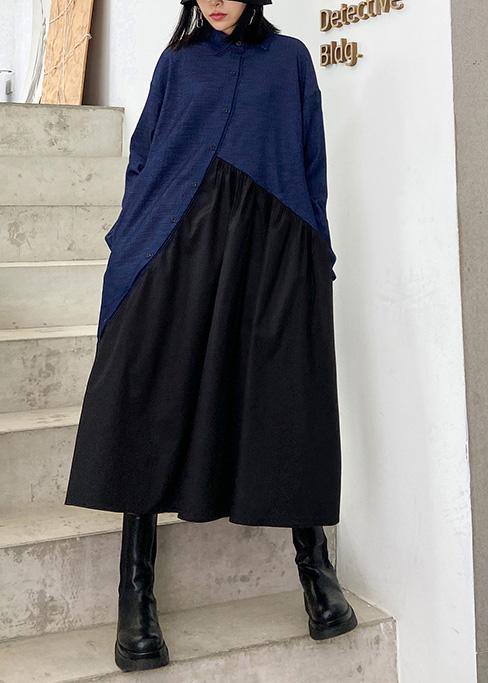 Italian Black Patchwork Blue Dress Lapel Cinched Oversized Dress