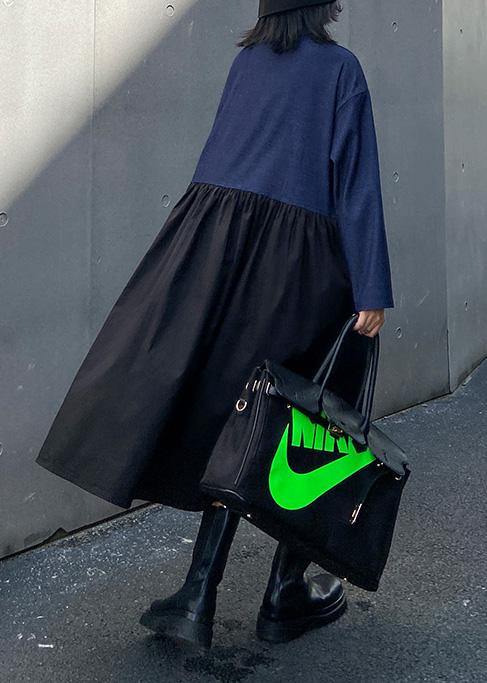 Italian Black Patchwork Blue Dress Lapel Cinched Oversized Dress